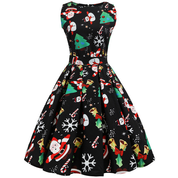 ตรีมคริสมาส christmas dress C17 ชุดพิมพ์สไตล์เรโทรฮีปเบิร์นยุค 50s-60s แคบเอวสำหรับผู้หญิงไซส์พลัส