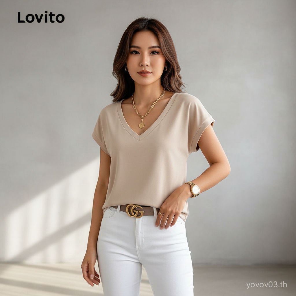 2MH Lovito เสื้อเชิ้ตแขนสั้นคอวีธรรมดาหรูหราสําหรับสุภาพสตรี LNL45109 (ตัวเลือกหลากสี)