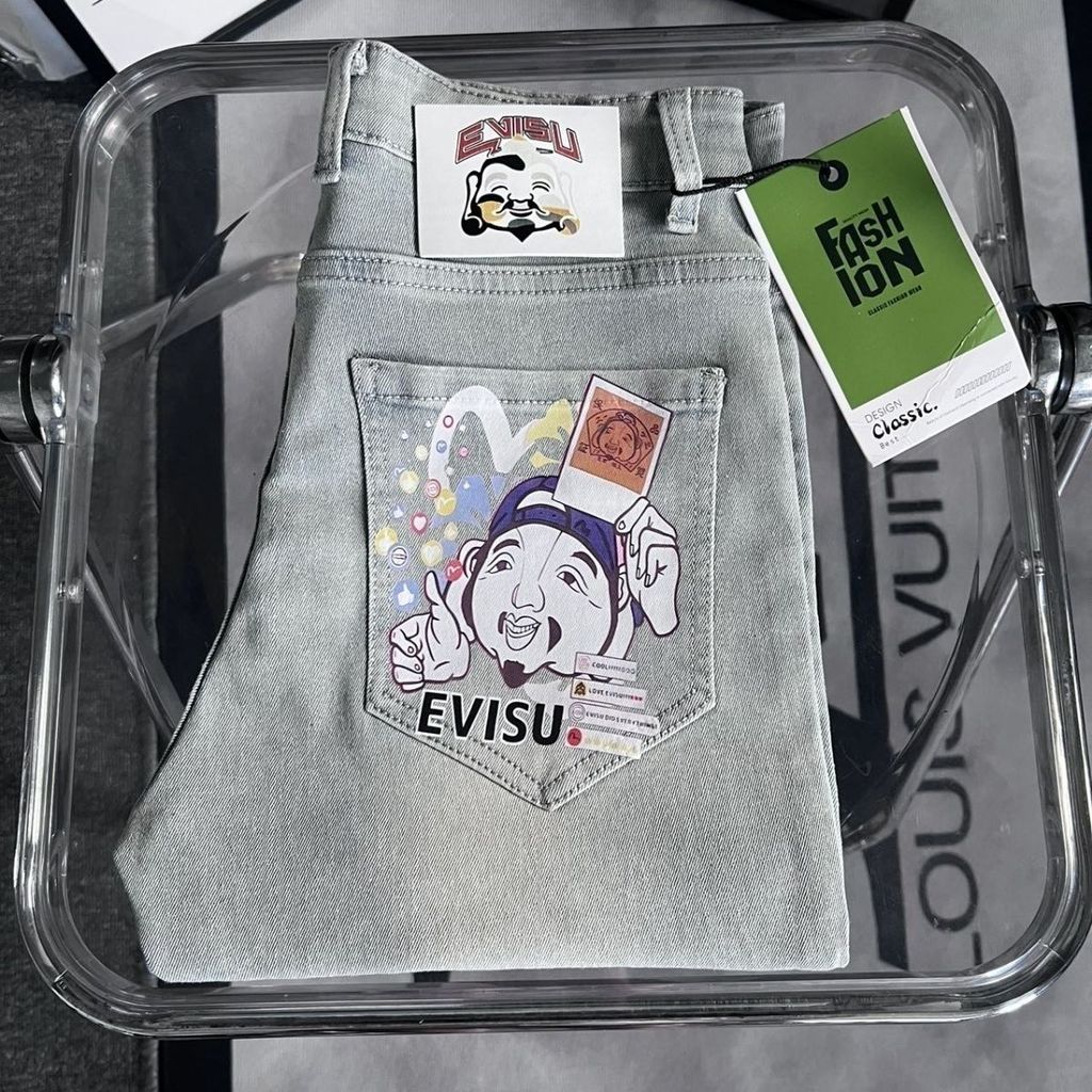 EVISU กางเกงยีนส์ทรงตรงยืดSlim-fit สำหรับผู้ชาย