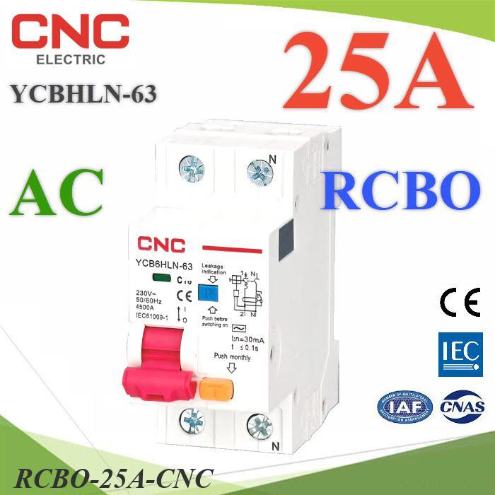 25A RCBO 2P เบรกเกอร์กันดูด AC L-N 30mA Residual Current Circuit Breaker MCB CNC