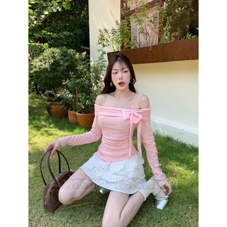 Aurora🛒พร้อมส่ง🚚 (รูปถ่ายจากงานจริง) เสื้อแขนยาวเปิดไหล่สีพาสเทล ดีเทลแต่งโบว์