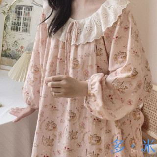 เสื้อนอนแขนยาวผ้าฝ้ายลายลูกไม้ คอругกลม สำหรับผู้หญิง ฤดูใบไ…