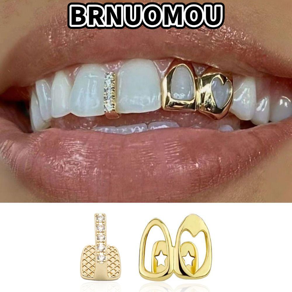BRNUOMOU Grillz, ทองแดงสีทอง Hip Hop ฟัน Grillz, หัวใจคู่เงา Hollow Heart ฟันหมวกผู้หญิง