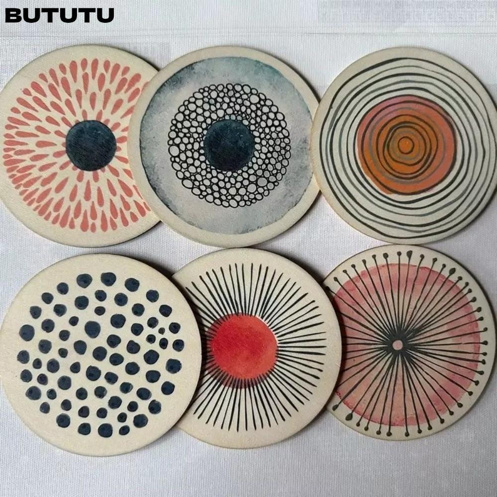 บูตู 6ชิ้น/เซ็ตตกแต่งจานรองแก้ว,ไม้เป็นมิตรกับสิ่งแวดล้อมวงกลมลวดลายจานรองแก้ว,กันลื่นทนความร้อนรอบถ้วยเสื่อสําหรับโฮมออฟฟิศ