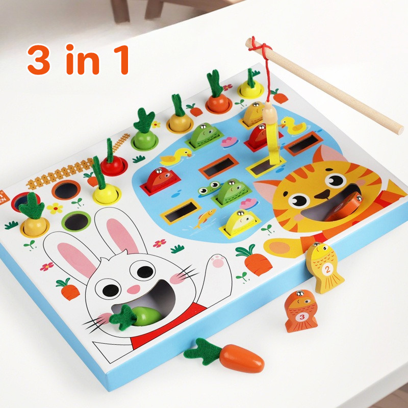 พร้อมส่ง 3 in 1 ของเล่นตกปลา แครอทดึงและเกมให้อาหาร ไม้  Montessori งเสริมการพัฒนาเด็ก
