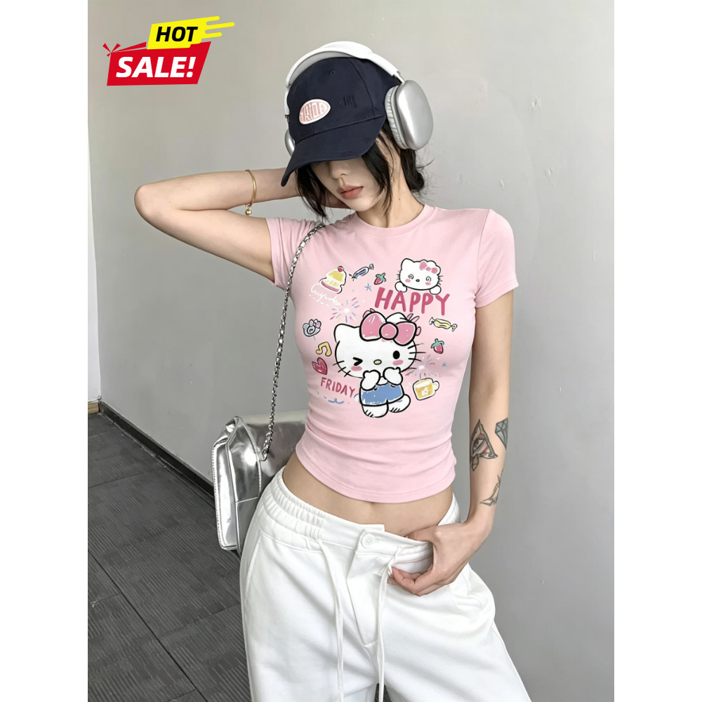 （พร้อมส่ง24ชม.）เสื้อ baby tee Hello Kitty สีชมพูลายน่ารัก y2k ทรงเข้ารูป ผ้ายืดใส่สบาย สไตล์หวานคิ้วท์