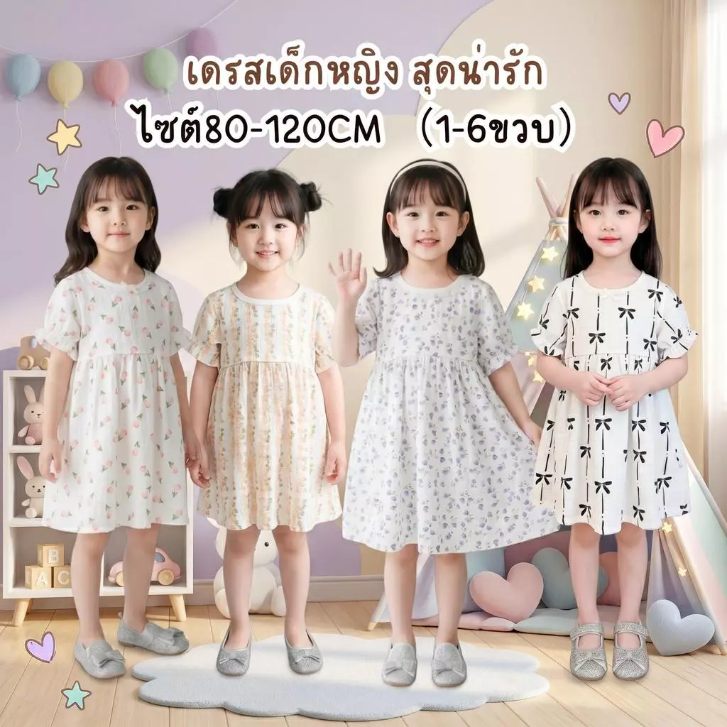 MooDeng Baby เดรสเด็กหญิง สุดน่ารัก มี4ลายให้เลือก ไซต์80-120CM(1-6ขวบ)ผ้ามัสลิน ผ้าฝ้าย 100%