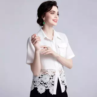 Dode 99408#เสื้อเชิ้ตแขนสั้นสำหรับผู้หญิง คอลเล็กชั่นฤดูร้อนปี 2026 สีขาว สไตล์ฝรั่งเศส ตกแต่งด้วยลูกไม้แบบปะติดปะต่อ