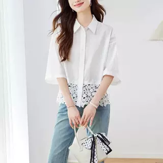 Dode 99408#เสื้อเชิ้ตแขนสั้นสำหรับผู้หญิง คอลเล็กชั่นฤดูร้อนปี 2026 สีขาว สไตล์ฝรั่งเศส ตกแต่งด้วยลูกไม้แบบปะติดปะต่อ