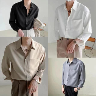 Silky Pocket Collar Shirt เสื้อเชิ้ตผู้ชายผ้าซาตินลื่น แขนยาวทรงโอเวอร์ มีกระเป๋าหน้าอก 4 สี ขาว/เบจ/ฟ้าเทา/ดำ ไซซ์ M-2XL