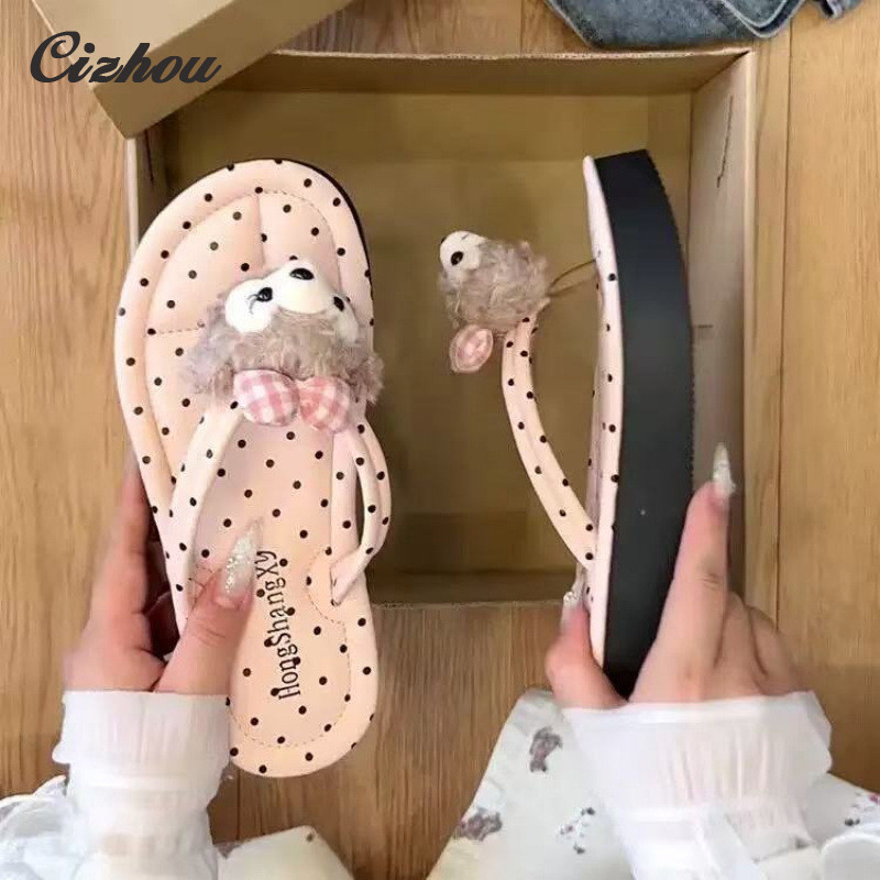 Cat Polka Dot Platform Flip Flops ผู้หญิงฤดูร้อนกลางแจ้ง Casual