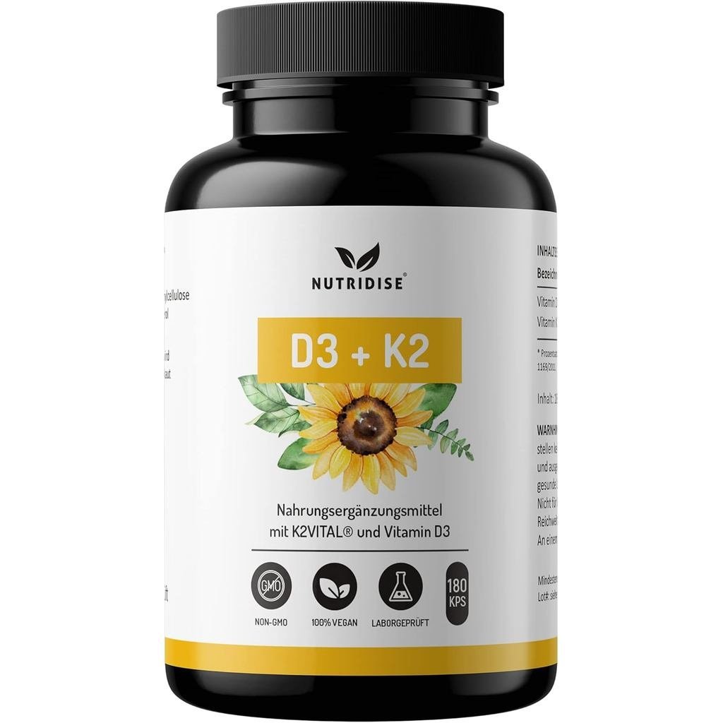 D3 + K2 แคปซูล 1000 IU D3 + 100 μg K2VITAL MK7 99.99% Trans Form D3 K2 Ratio Dose 180 แคปซูล