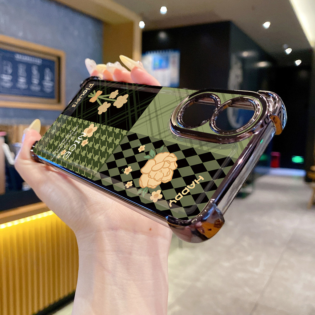 เข้ากันได้กับ OPPO A40 A3X A2 A5 Pro A60 A18 A38 A57 4G A58 5G Swallow Gird Army ดอกไม้สีเขียวใสชุบก