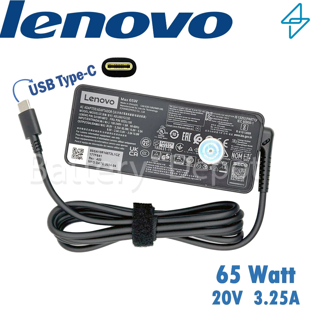 Lenovo Adapter 20V/3.25A 65W USB Type-C head, Lenovo charging cable ADLX65YLC3A, Lenovo adapter