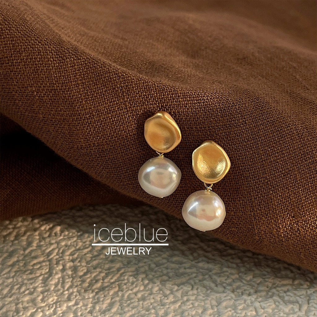 Iceblue-ธรรมชาติน้ําจืดBaroque Pearl Dropต่างหูMatte Goldไม่สม่ําเสมอDangle Pearl Studsสําหรับผู้หญิงMinimalist Elegantเครื่องประดับE171