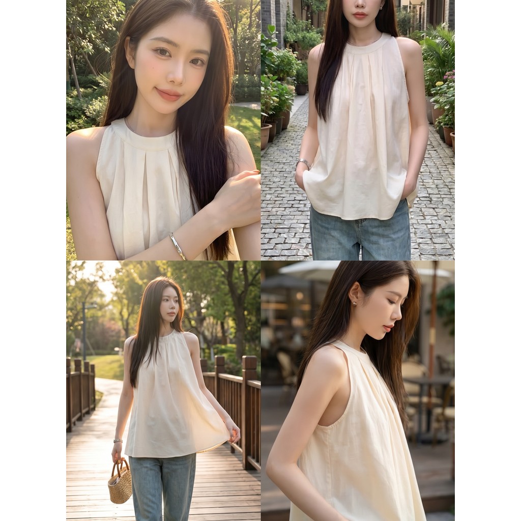 MCB010 เสื้อแขนกุดแฟชั่นเกาหลี ดีไซน์คอกลมสีพื้น แต่งจับกรีบช่วงคอเพิ่มความละมุน ใส่สบายไม่ร้อน แมตช