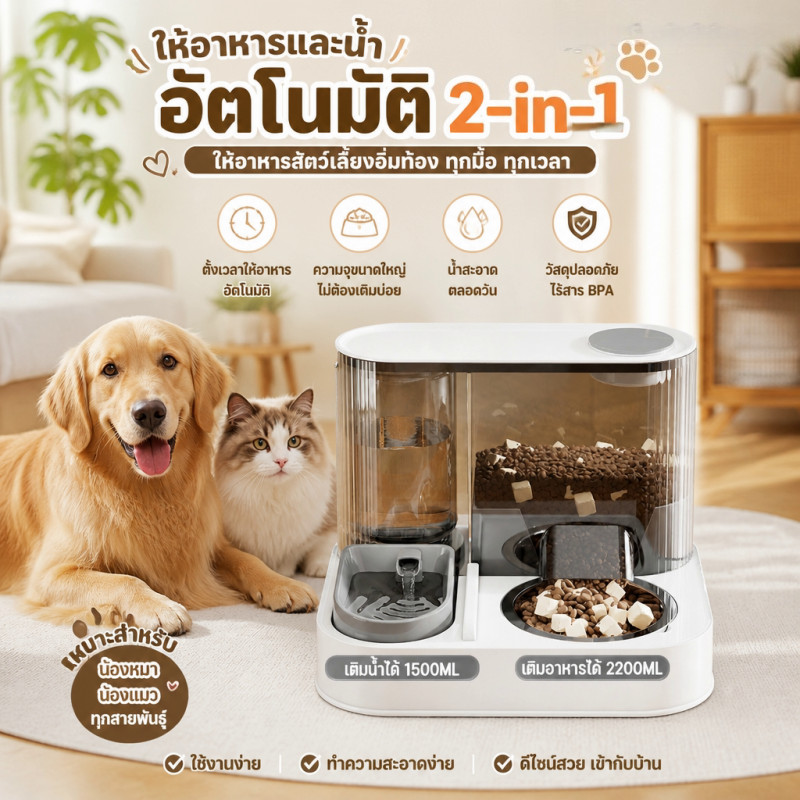 2IN1 ที่ให้อาหารสัตว์เลี้ยง สเตนเลส ที่ให้อาหาร-น้ำอัตโนมัติ เครื่องป้อนแมวอัตโนมัติ