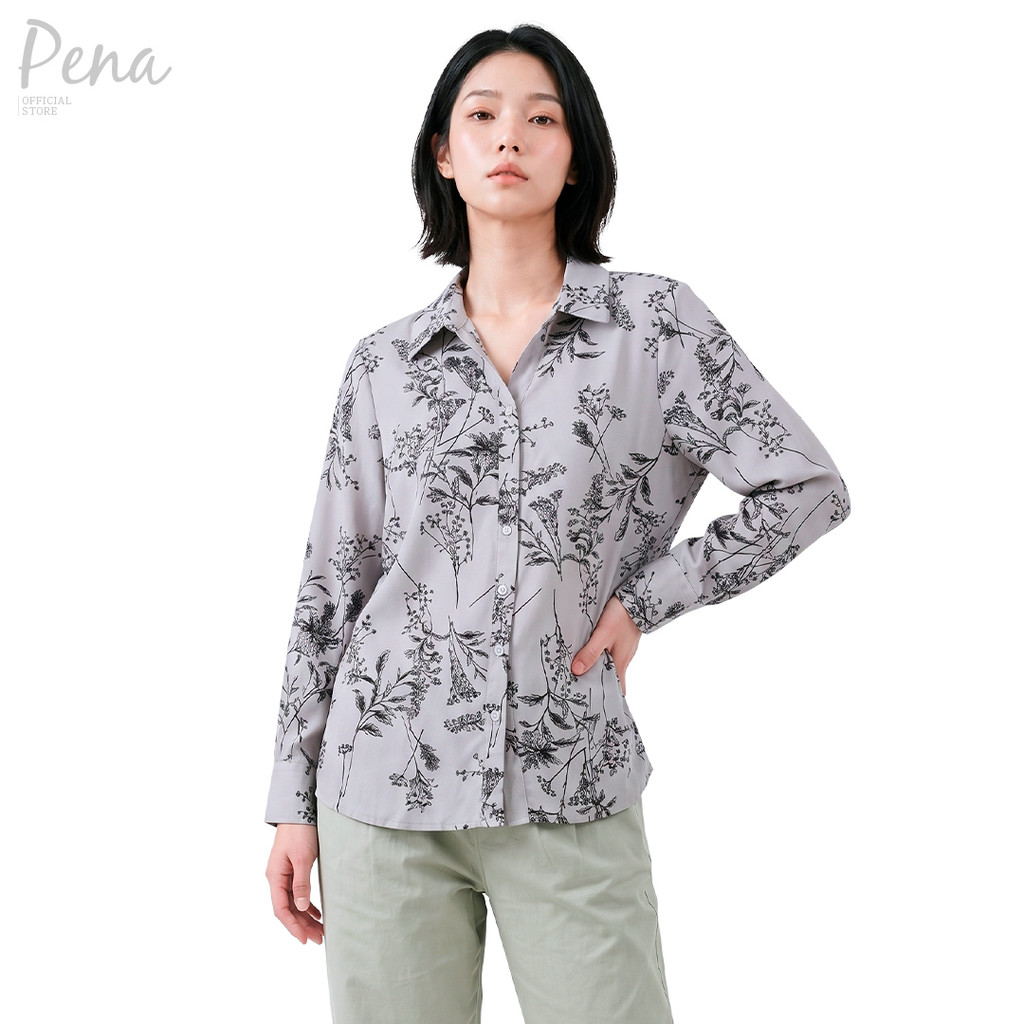Pena House เสื้อเชิ้ตแขนยาวพิมพ์ลายดอกไม้สไตล์โมโนโครม รุ่น POSL052604