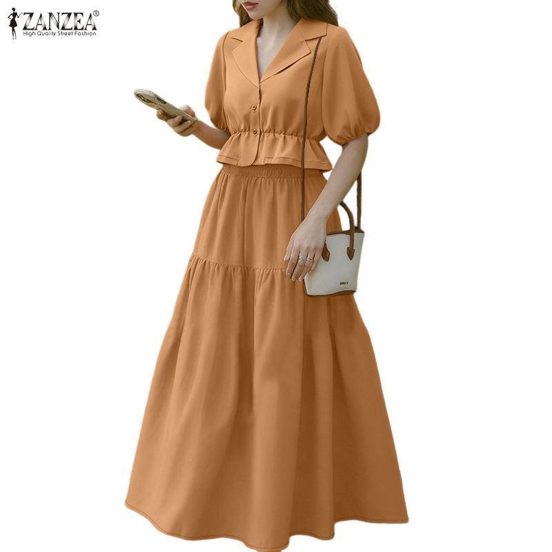 ZANZEA ชุดสองชิ้นสไตล์ Ladylike พู่ระบายแขน_fit เอว_layered A-line