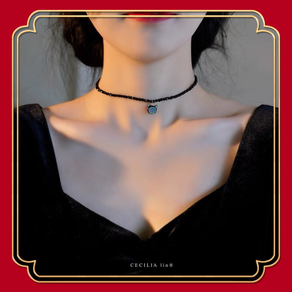{Design Style} สร้อยคอ Spinel Cat Black Spinel สุดน่ารัก Niche choker Black Cat Clavicle Chain