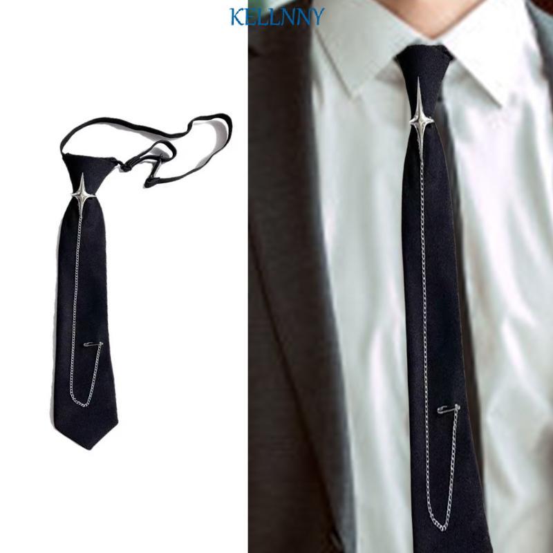 Kelln Punk Crosses Pin Chain School เนคไทสีดํานักเรียนปรับ Pre Tie Tie Tie Tie