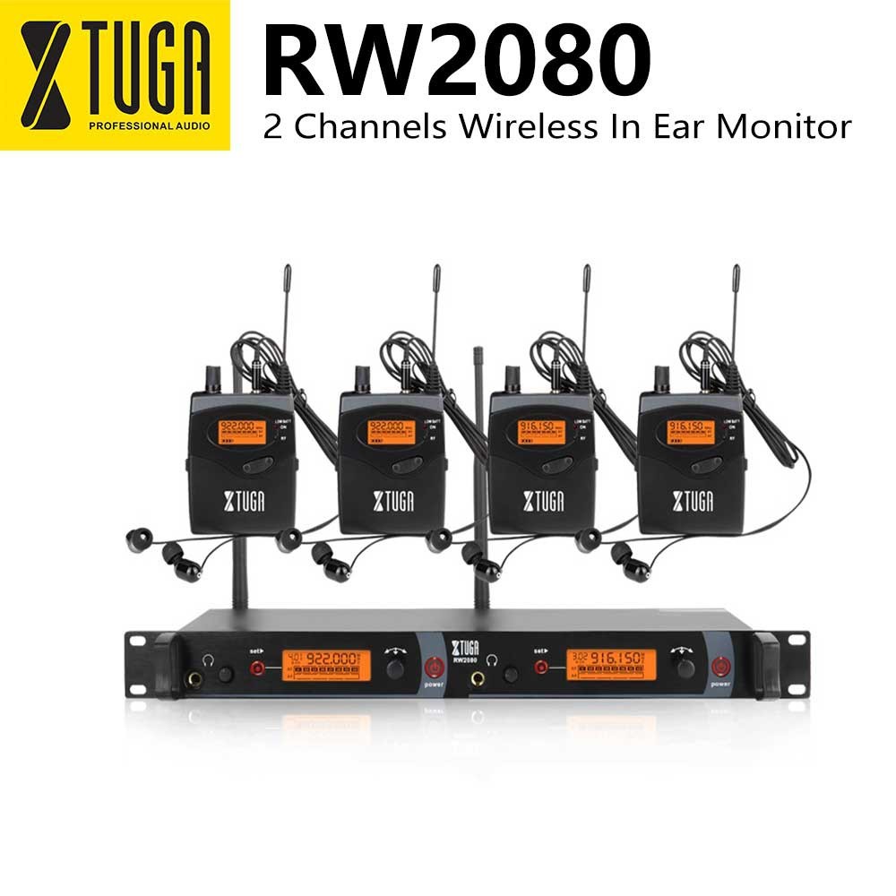 XTUGA RW2080 ไร้สาย In Ear Monitor ระบบ 2 ช่อง 4 Bodypack พร้อมหูฟังชนิดใส่ในหูไร้สาย SR2050 ประเภท Professional
