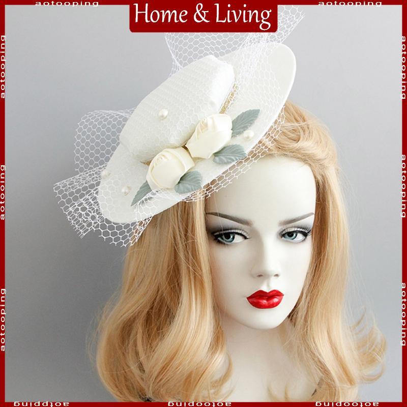 AOTO Banquet Derby Hat Fascinators Hat Veil Mesh Pearl Tophat พร้อมกิ๊บติดผมสําหรับ