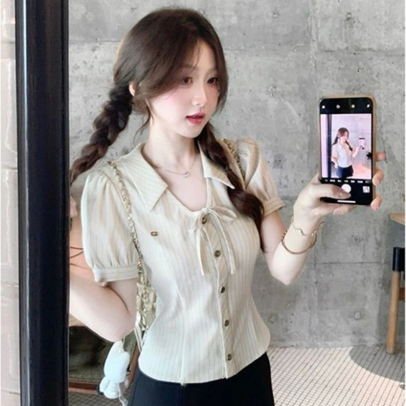 Hermarou S-2XL เสื้อเชิ้ตผู้หญิงเสื้อยืดแขนสั้น V คอปกหลวมด้านบนผ้าบาง