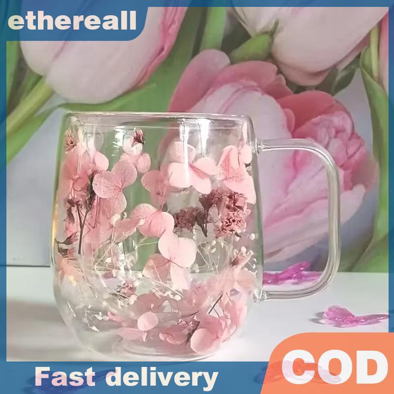 ETH แก้วกาแฟสองชั้น 1 ชิ้นพร้อมการออกแบบดอกไม้จริงภายในเหมาะสําหรับกาแฟ นม และเครื่องดื่ม ซักมือเท่านั้น ของขวัญวันหยุดที่สมบูรณ์แบบไทย