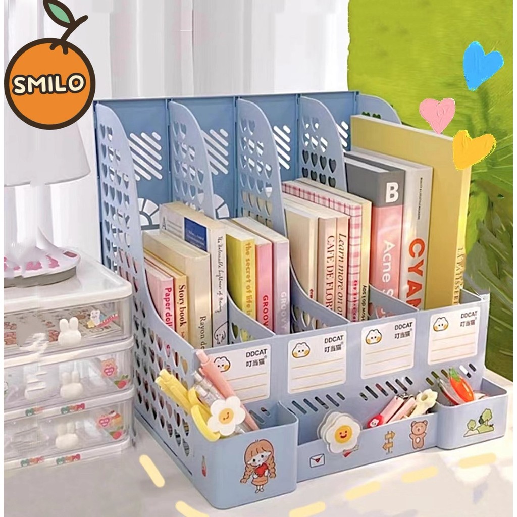 SMILO ชั้นวางเอกสาร ชั้นจัดเก็บหนังสือ 4ช่อง ใส่A4 ได้ จัดระเบียบโต๊ะ ชั้นเก็บหนังสือนักเรียนน่ารัก