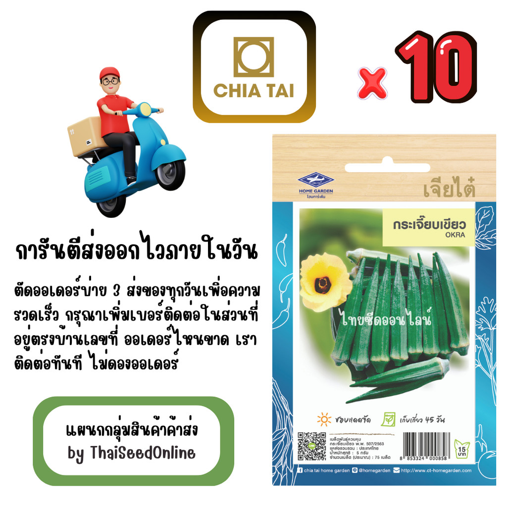 CTOP x 10 เมล็ดผักซองเจียไต๋ กระเจี๊ยบเขียว สินค้ายกแพ็ค