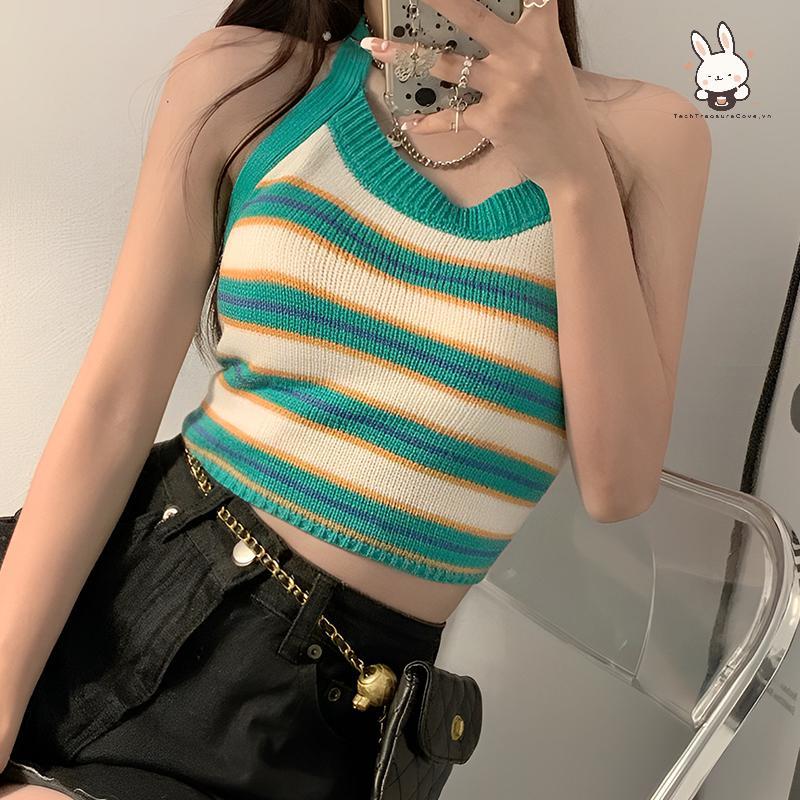 [Teh] ผู้หญิง Y2K Stripes Crop ถัก Halter Backless Bandage Tops O-คอ Strappy เซ็กซี่ Crop Tops ฤดูร้