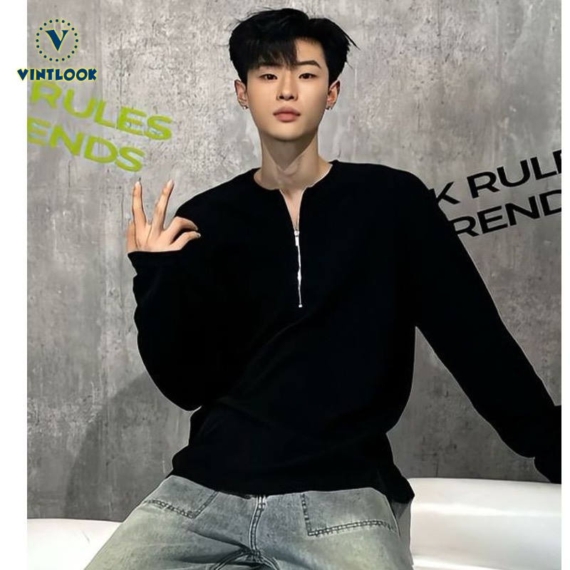 VINTLOOK เสื้อยืดแขนยาวผู้ชาย ลายวาฟเฟิล มีซิป American Half Zip Sweatshirt