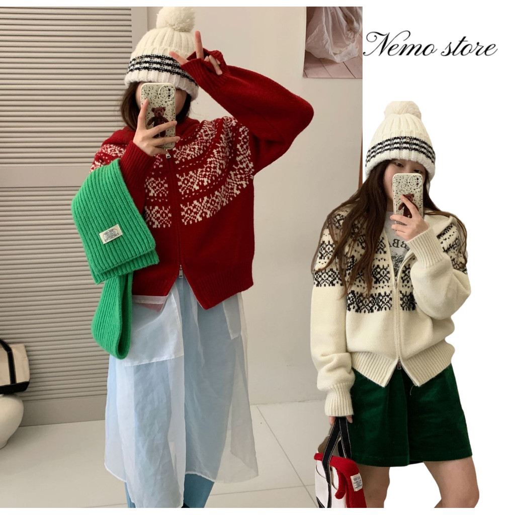 Nemo store🌸#CZ2668 เสื้อคริสต์มาส เสื้อคลุมแขนยาวกันกันหนาว ลายโบฮีเมี่ยน สีสดใส