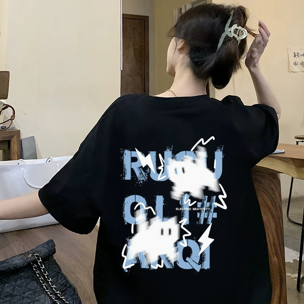🚚【จัดส่งจากประเทศไทย】เสื้อยืดแฟชั่นคอกลมลายแมวไฟฟ้า หลวมๆ นุ่มสบาย สวมใส่สบาย