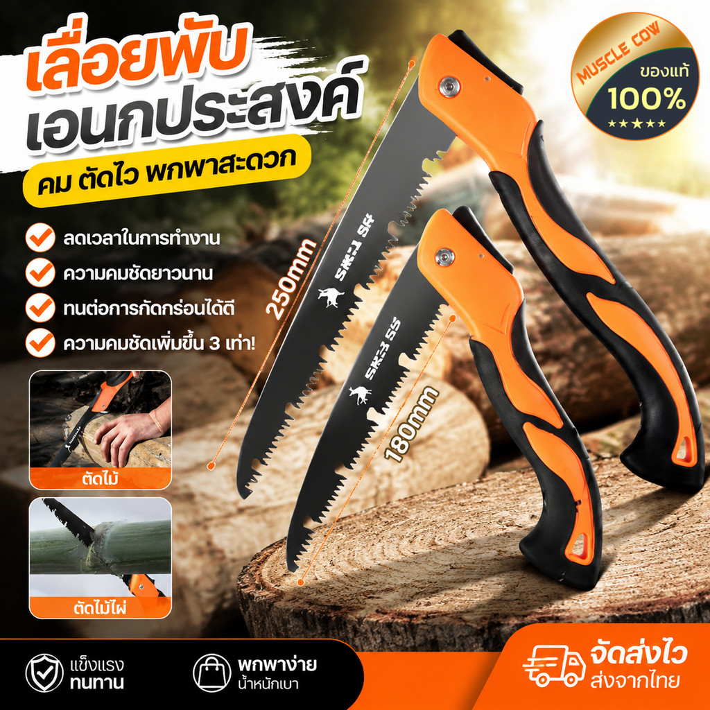 MUSLE COW เลื่อยพับแบบพกพา ไซส์ใหญ่ใบมีด180/250มม.  เลื่อยพับได้ การตัดรวดเร็ว แข็งแรงใช้ทนทาน ไม่เกิดสนิม พร้อมส่ง