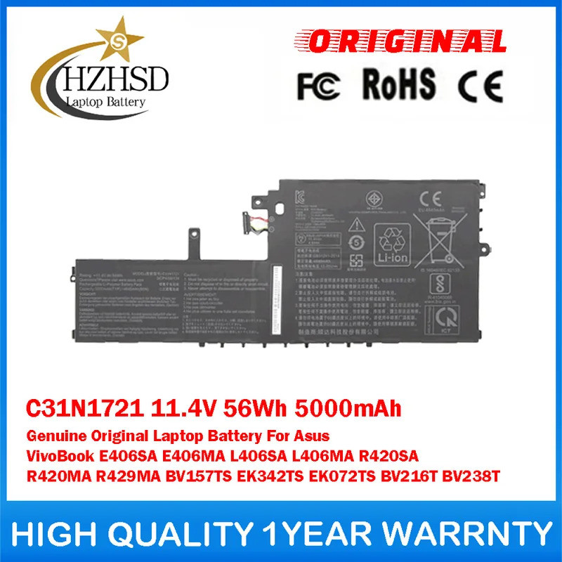 C31N1721 11.4V 56Wh 5000MAhของแท้แบตเตอรี่แล็ปท็อปสําหรับAsus VivoBook E406SA E406MA L406SA L406MA R