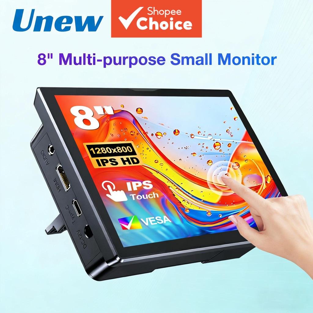 จอภาพ Unew 8 นิ้ว, ความละเอียด 1280800 HD, อัตราส่วน Aspect 16:10 หน้าจอกว้าง, อินเทอร์เฟซ HDMI, เหมาะสําหรับโครงการ DIY และจอแสดงผลเฝ้าระวัง