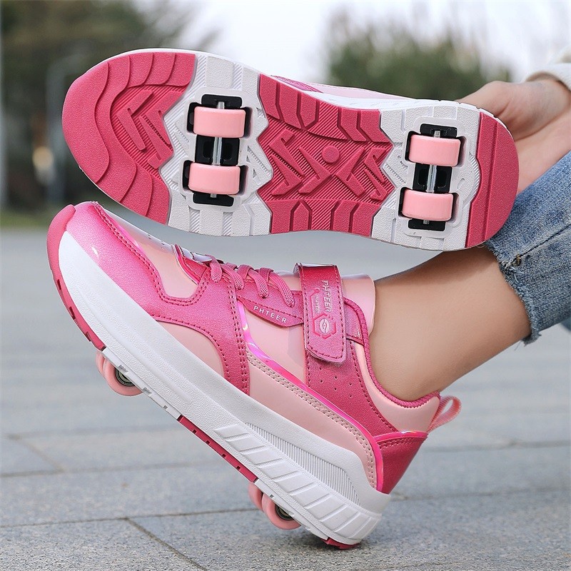 Four-W Heel Runaway รองเท้า Anti-Slip Breathable Roller Skates โรลเลอร์สเก็ตกีฬากลางแจ้งรองเท้าสเก็ตบอร์ดชายหญิงเชือกผูกรองเท้าล้อ