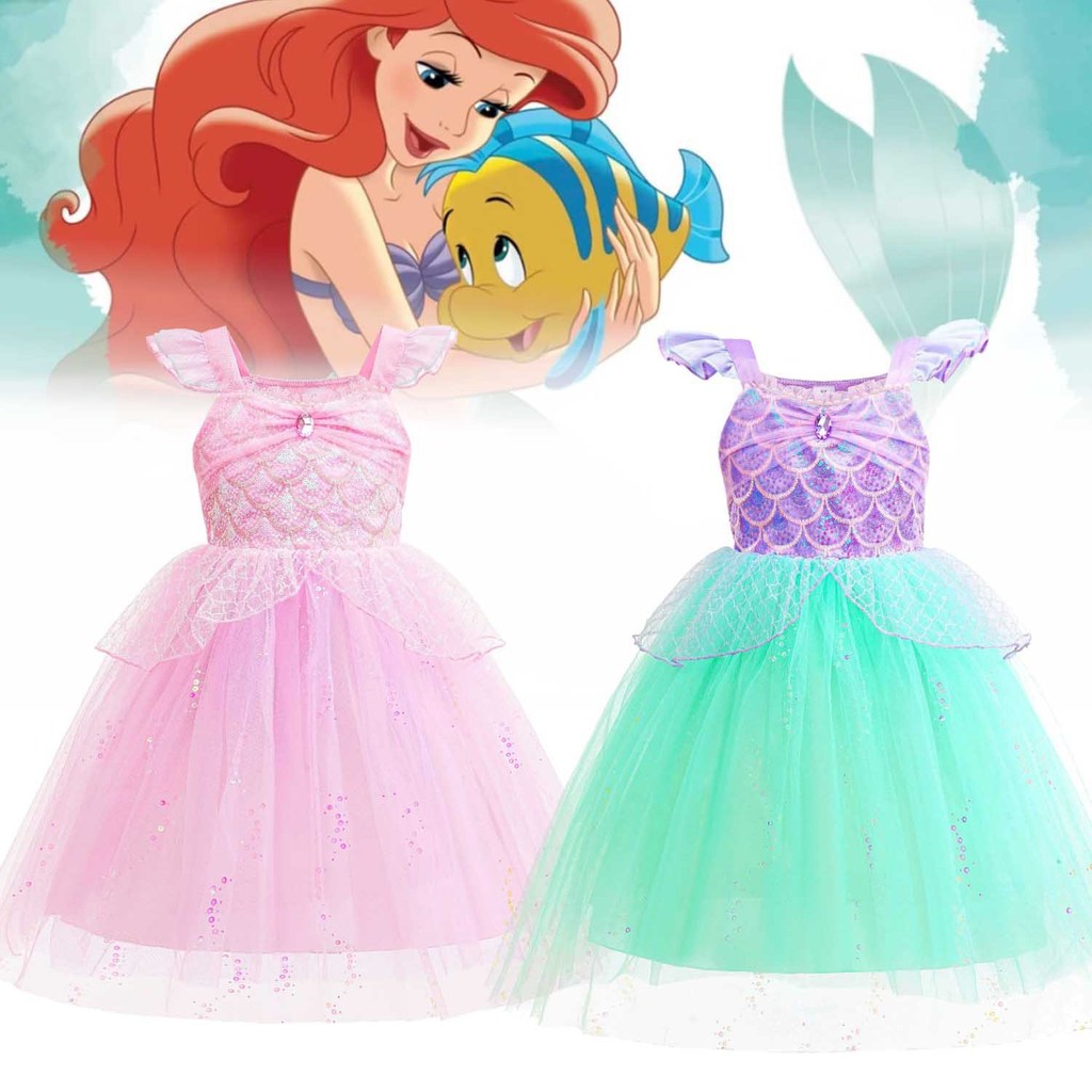 Ariel New Mermaid Princess Dress – Flutter Sleeves Fashion Tulle Skirt – Little Girl Role Play Costu