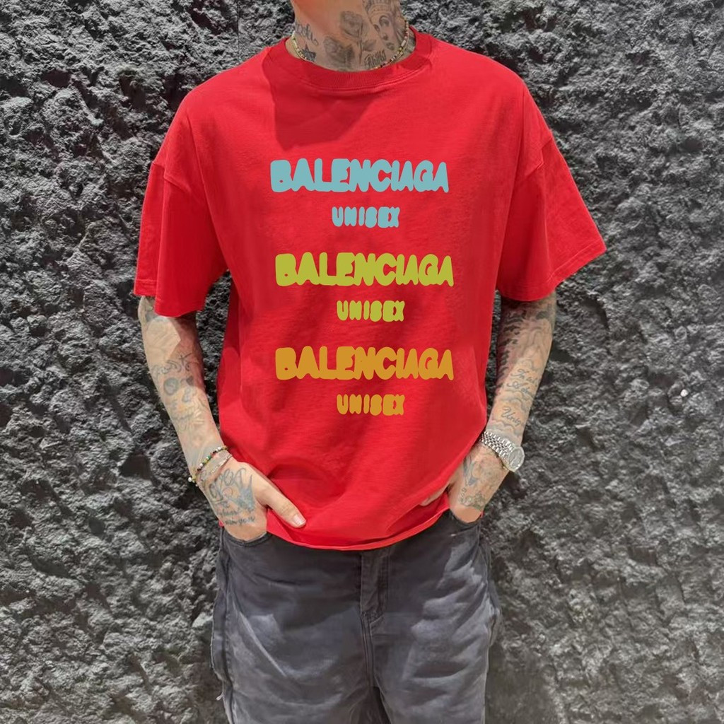 BALENCIAGA/BALENCIAGA 2026 คลาสสิกรอบคอแขนสั้นเสื้อยืดผู้ชายผู้หญิงฤดูใบไม้ร่วงเสื้อผ้า Niche อินเทร