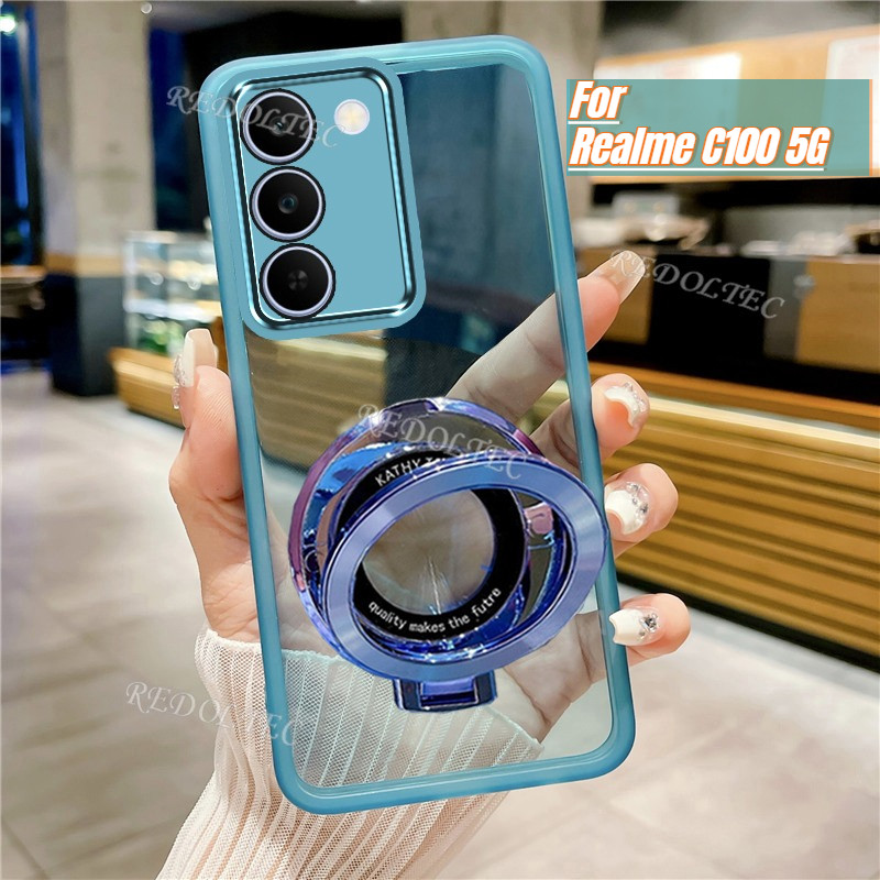 เคส Realme C100 5G ออกแบบใหม่ที่วางขาตั้งแม่เหล็กปลอกใส เรียวมี100 เคสโทรศัพท์แบบนิ่มใสบางพิเศษพร้อมการป้องกันเลนส์กล้อง