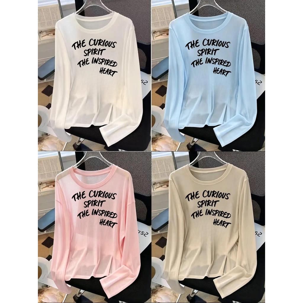 ภายใน24ชั่วโมง เสื้อ T ลายตัวอักษรสไตล์เกาหลี สาวน้อยหวาน แบบบางสบายๆ ฤดูร้อน แขนยาว ผ้าเย็น ให้ความรู้สึกสบาย ชุดกันแดด