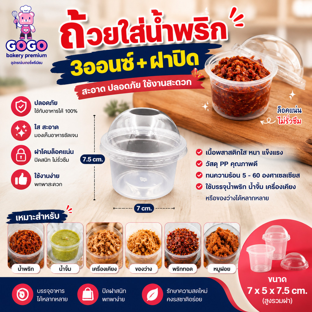 ชุดถ้วยก้นเรียบ+ฝาโดม 3 ออนซ์ พลาสติกPP ถ้วยใส่ขนม ใส่น้ำพริก น้ำจิ้ม แพ็ค50 ชุด