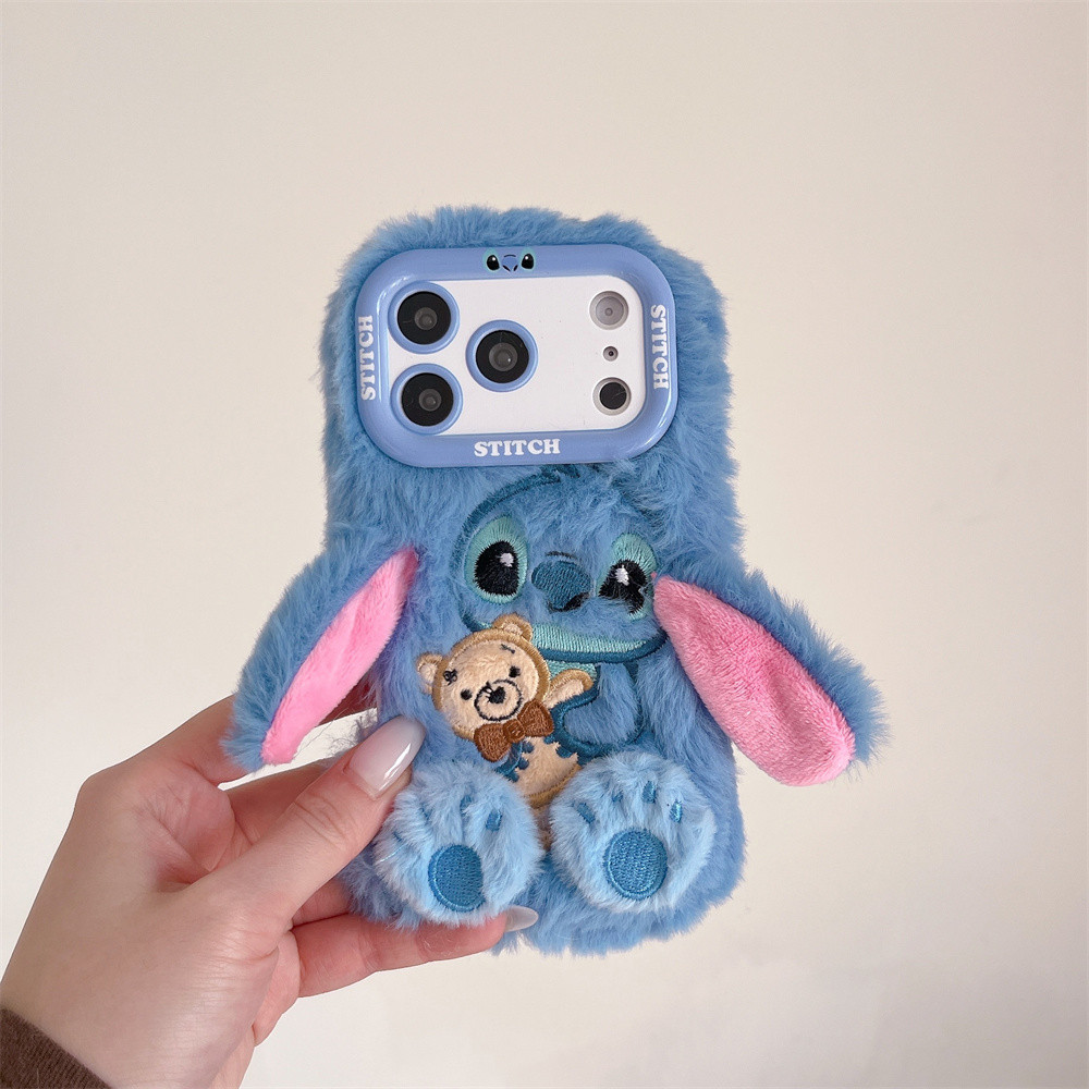 Furry Warm Winter Plush เคสโทรศัพท์สําหรับ iPhone 17 16 15 14 13 Pro Max 17Air 3D น่ารักการ์ตูน Stitch ซิลิโคนกันกระแทกนุ่ม
