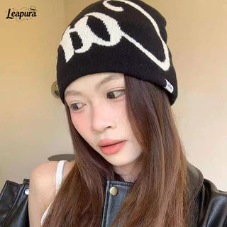 หมวกผ้าถักนิตติ้งลายตัวอักษรมัลติฟังก์ชั่นY2Kสไตล์ฮิปฮอปหมวกอุ่นสำหรับผู้ชายและผู้หญิง❤️Leapura