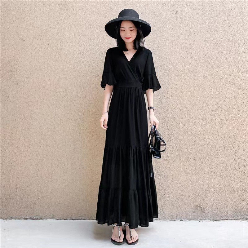 ชุดชีฟองสีดําผู้หญิง 2024 ภาษาฝรั่งเศสคํา Hepburn สไตล์เอวแคบ Slimmer ดู v คอ Ruffled Fairy กระโปรงย