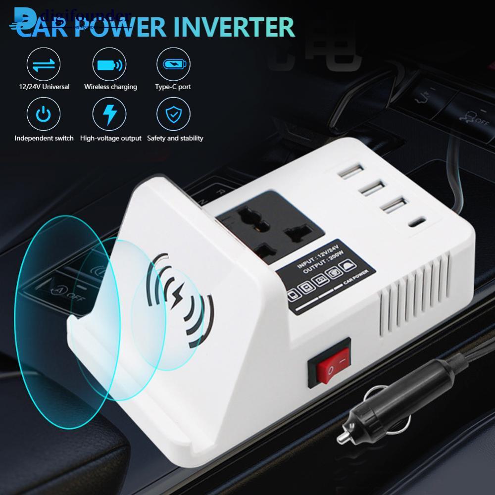 DIGIFOUNDER 12V/24V ถึง 220V รถอินเวอร์เตอร์เอาต์พุตพร้อมพอร์ต USB หลาย + Type-c และชาร์จไร้สายสําหร