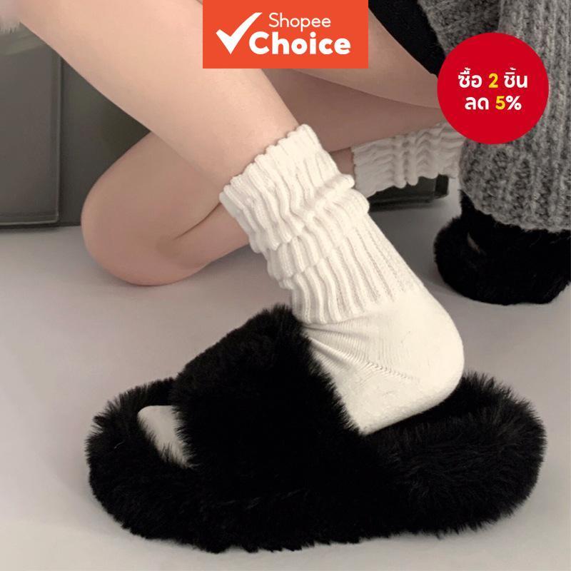 [ถุงเท้าหญิงสไตล์เทรนดี้] ถุงเท้าคอตตอนแบบริบ สูงกลางน่อง (สีขาว)