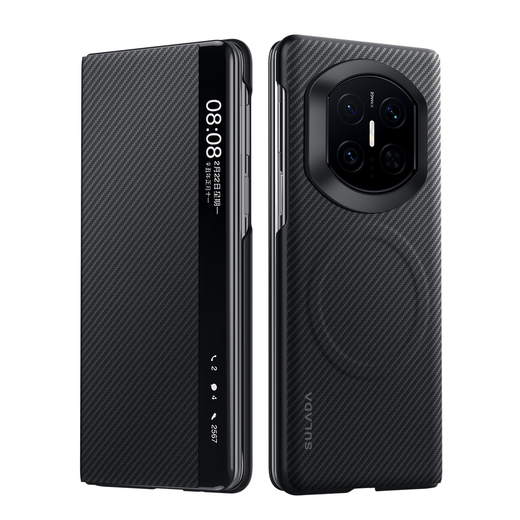 SULADA เคสแม่เหล็กสําหรับ Huawei Mate X7 ปกหนังคาร์บอนไฟเบอร์ Texture Window View ฟังก์ชั่น Flip All-รอบป้องกันกรณี Shell